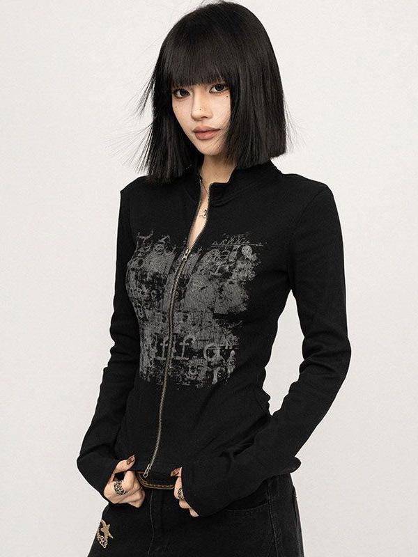 Autumn/Winter Pure Desire Long Sleeve Crop Top - Slimming and Versatile Zipper Design for Women