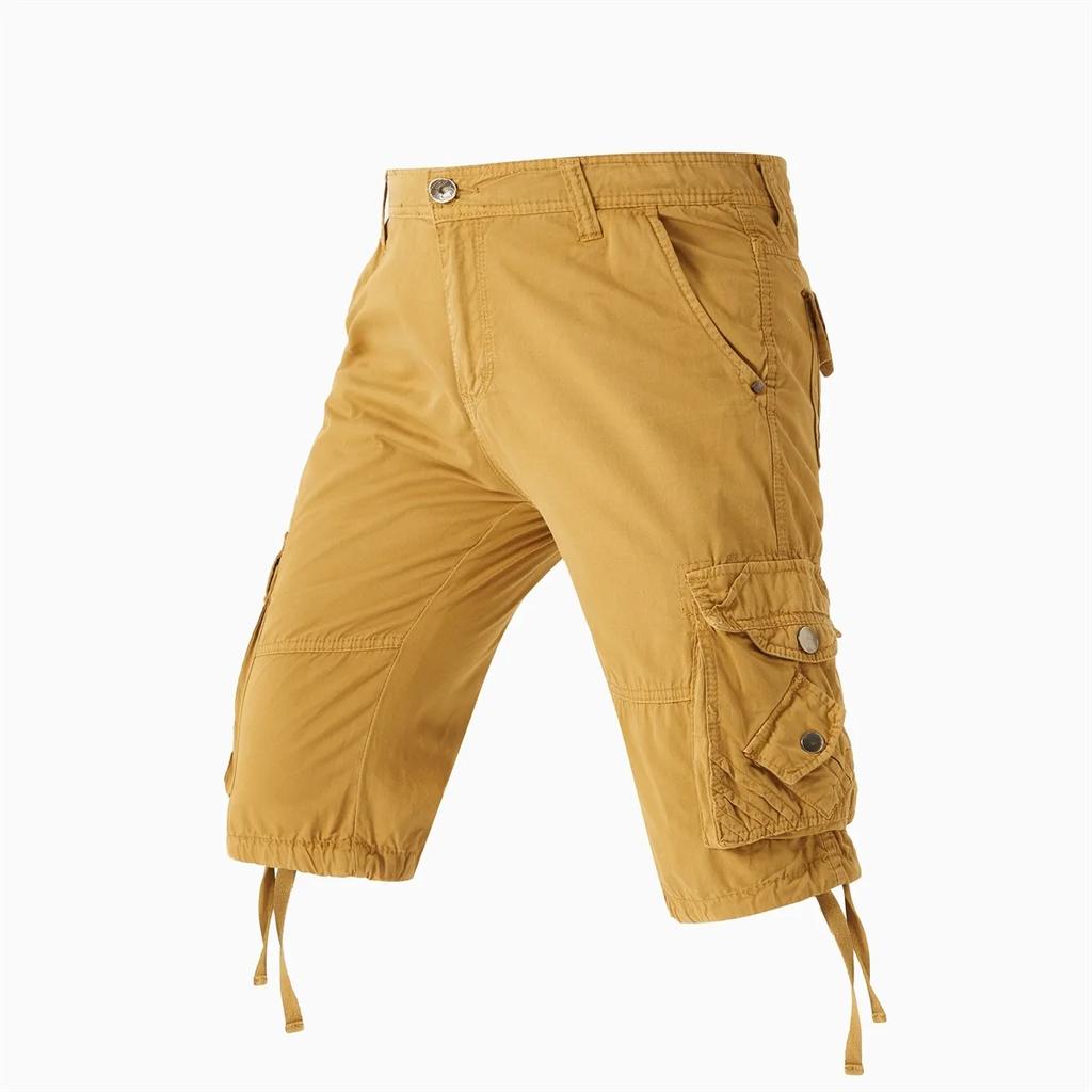 Summer Men's Cargo Shorts Loose Casual Below Knee Pants Elastic Waist Outdoor Jogging Cotton Knee Length Pants