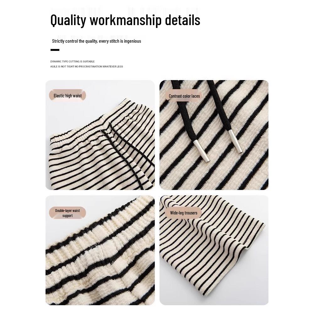 2025 Women's High-Waisted Fleece-Lined Wide-Leg Striped Pants for Autumn/Winter