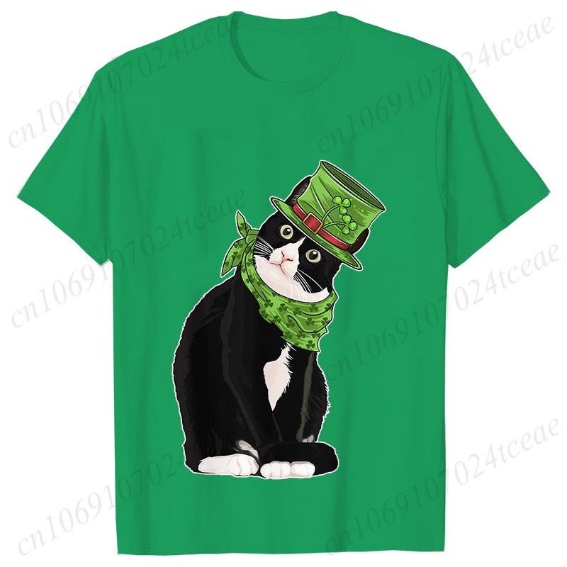 St Patricks Day Print Tshirt Unisex Summer Short Sleeve Tshirts Cut Black Cat with Leprechaun Hat Funny Irish Fashion Tee Tops