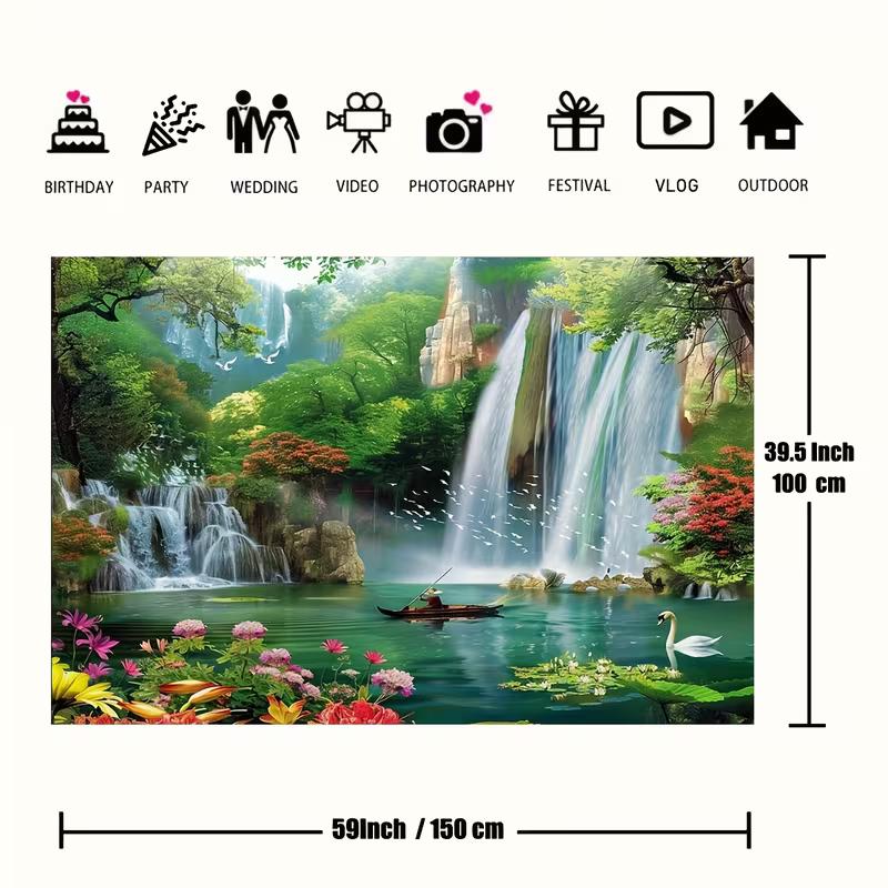 2D Idyllic Forest Waterfall Nature Wall Tapestry, Lake Swan Fishing Boat Flower Bird Bedroom Home Decor
