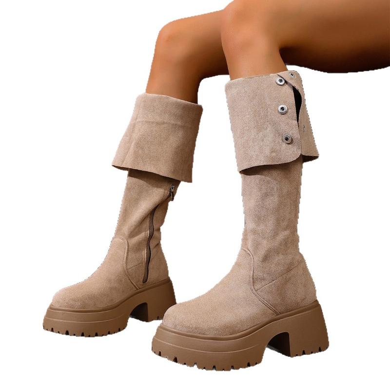 New 2025 Autumn Winter Women's Long Boots Limerade Thick Bottom High Heel Waterproof Canvas Vintage Style Brown Long Tube Boots