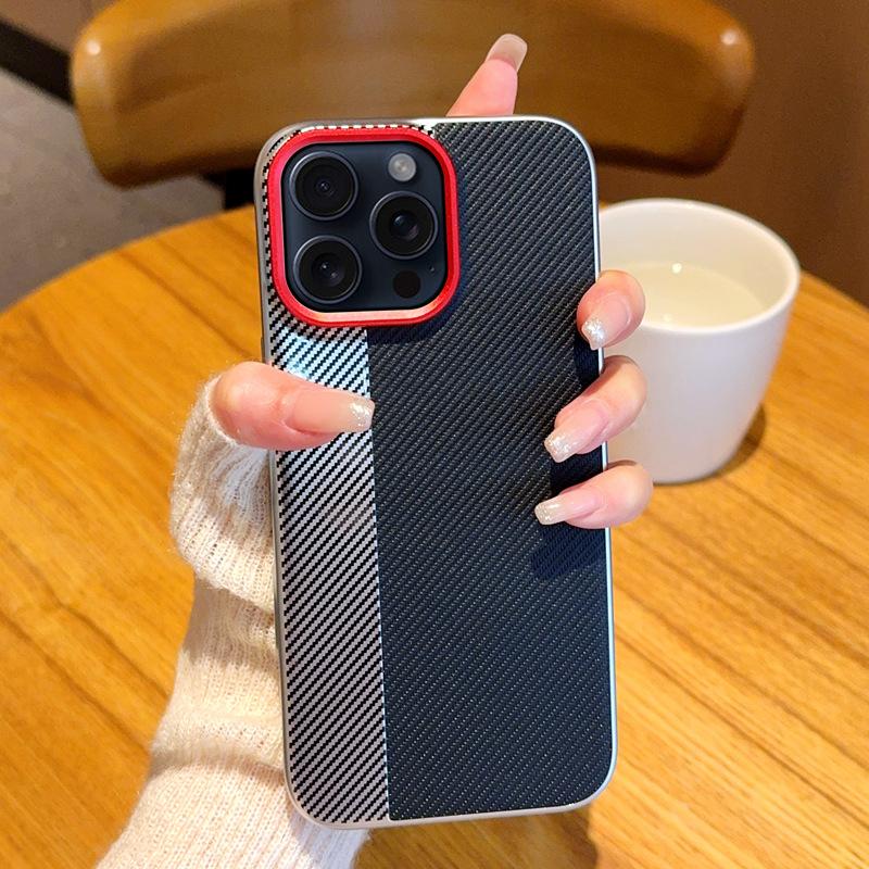 For iPhone 16 Pro Max Case Camera-Style Carbon Fiber Texture Leather+PC Phone Cover