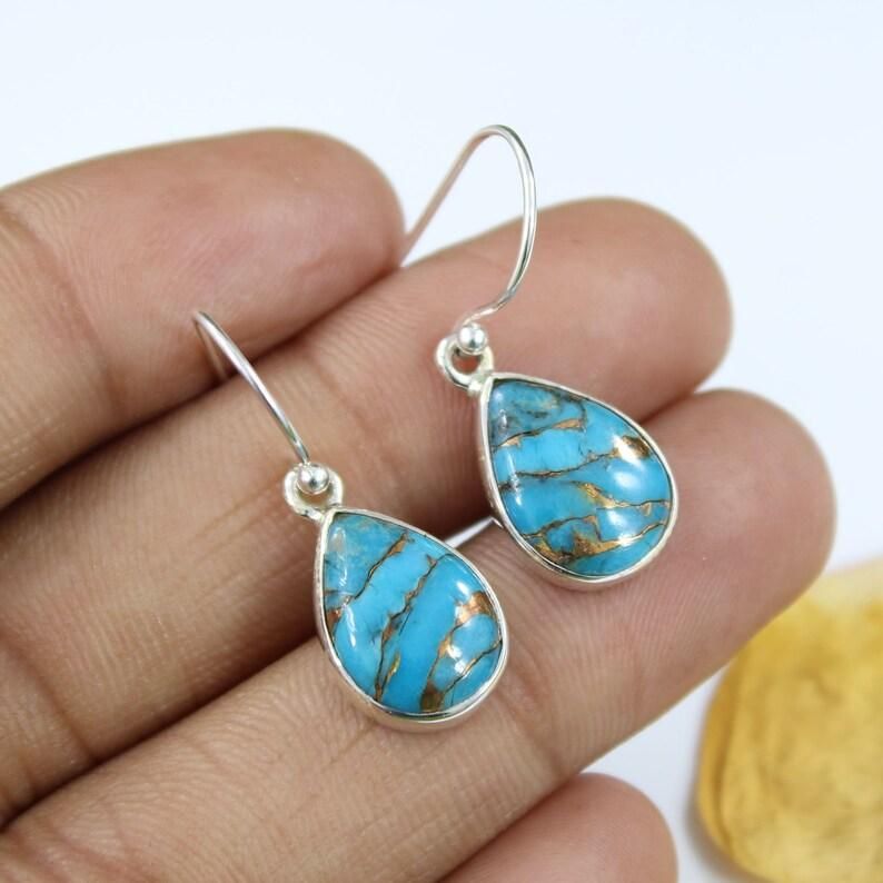 Solid 925 Sterling Silver Blue Copper Turquoise Gemstone Handmade Women Dangle Earring Jewelry Gift For Her