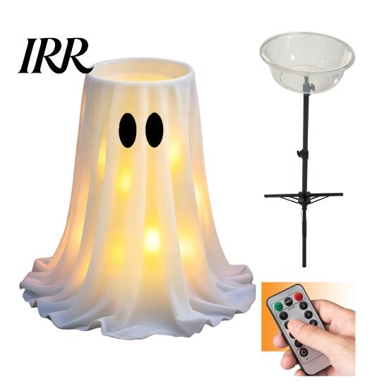 Trick or Treat Candy Table Halloween Decoration with 8-Mode Remote Control LED Light, Ghost Bowl Holiday Storage Tripod Stand, Cute Holder