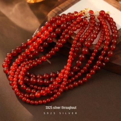 Colier Argint S925 cu Mărgele Agat Roșu Banyan Tree - Lanț Claviculă Retro Handmade pentru Femei.