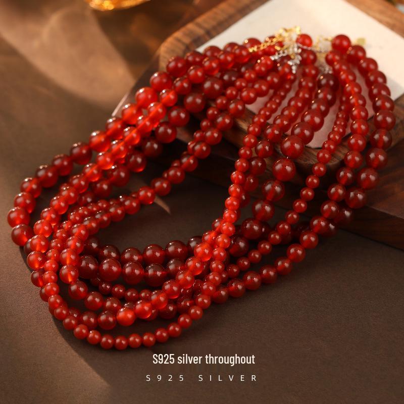 

Banyan Tree Red Agate Beaded S925 Silver Necklace - Handmade Retro Clavicle Chain for Women.