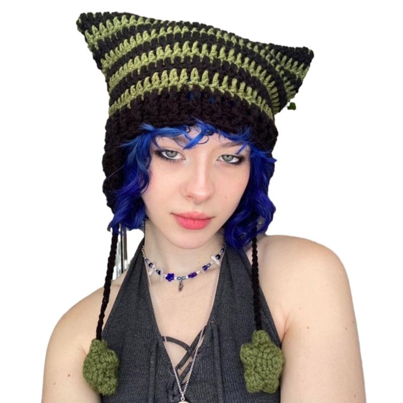 Girl Cartoon Kitten Ear Striped Knit Beanie Hat Y2K Star Party Hat Photo Props Hot Girl Cute Slouchy Knitting Hat