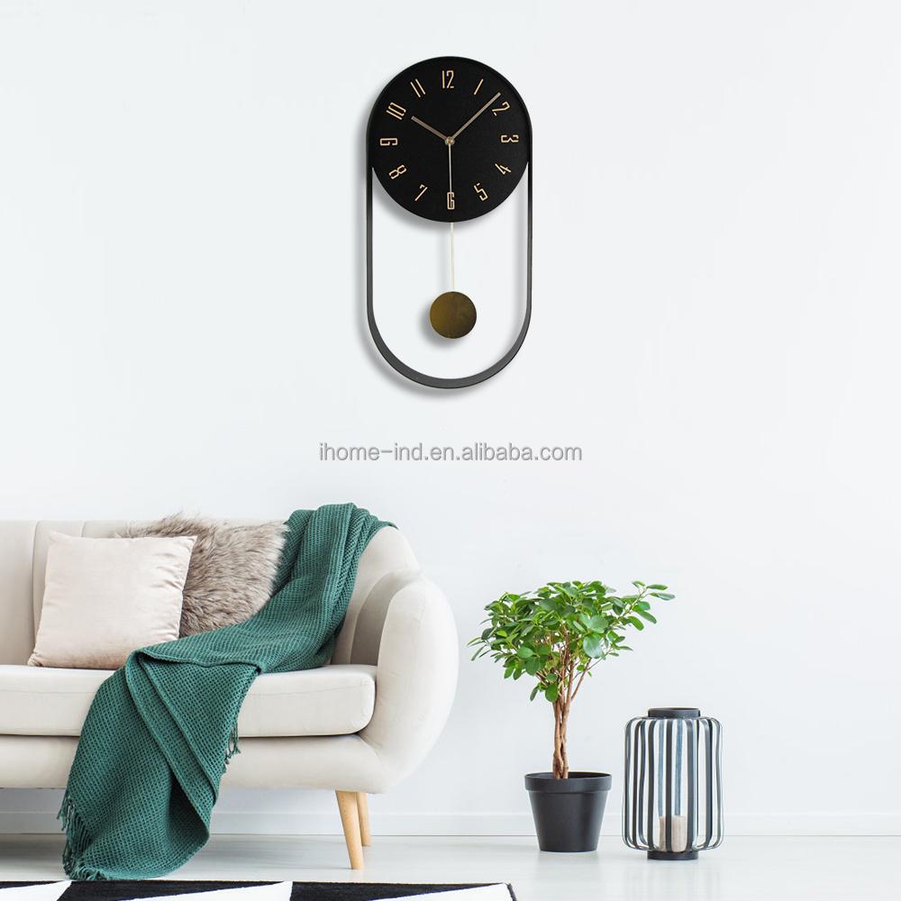 Metal Oval Wall Clock Unique Design Pendulum Decorative Clock Home Living Room Decor