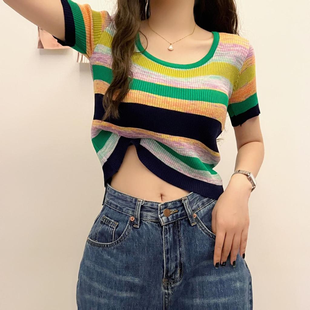 Summer Women Fashion Colorful Striped Knitted Crop Top Loose Y2k T-shirt