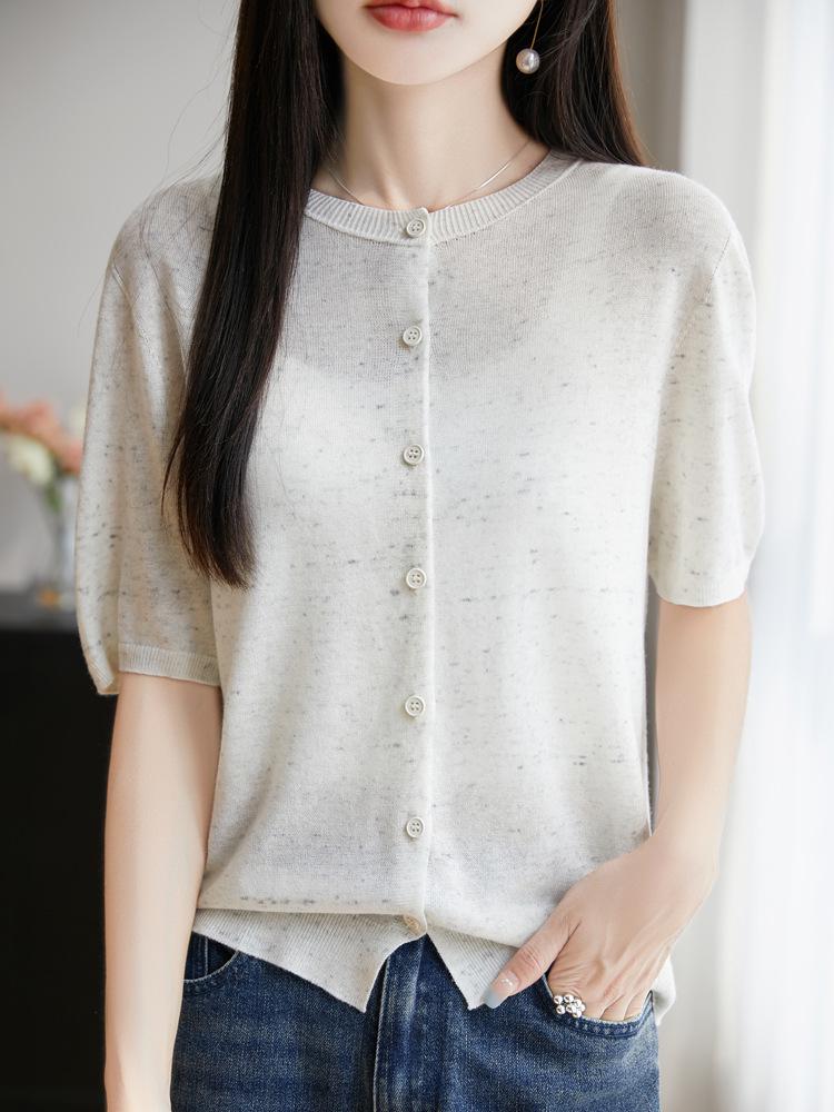 Women's Floral Wool Knit Cardigan - Round Neck, Short Sleeves, 2025 Spring/Summer Collection