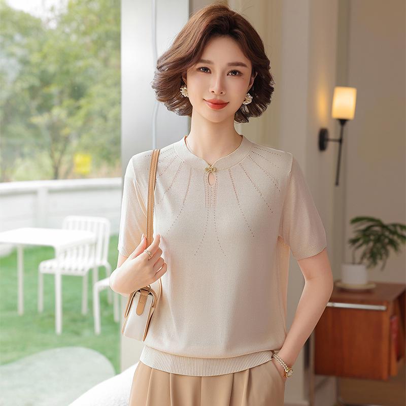 

2026 Ice Silk Short-Sleeve T-Shirt for Middle-Aged and Elderly Women, Summer Fashion Round Neck Knitwear L (Recommended 80-100 jin) бежевый