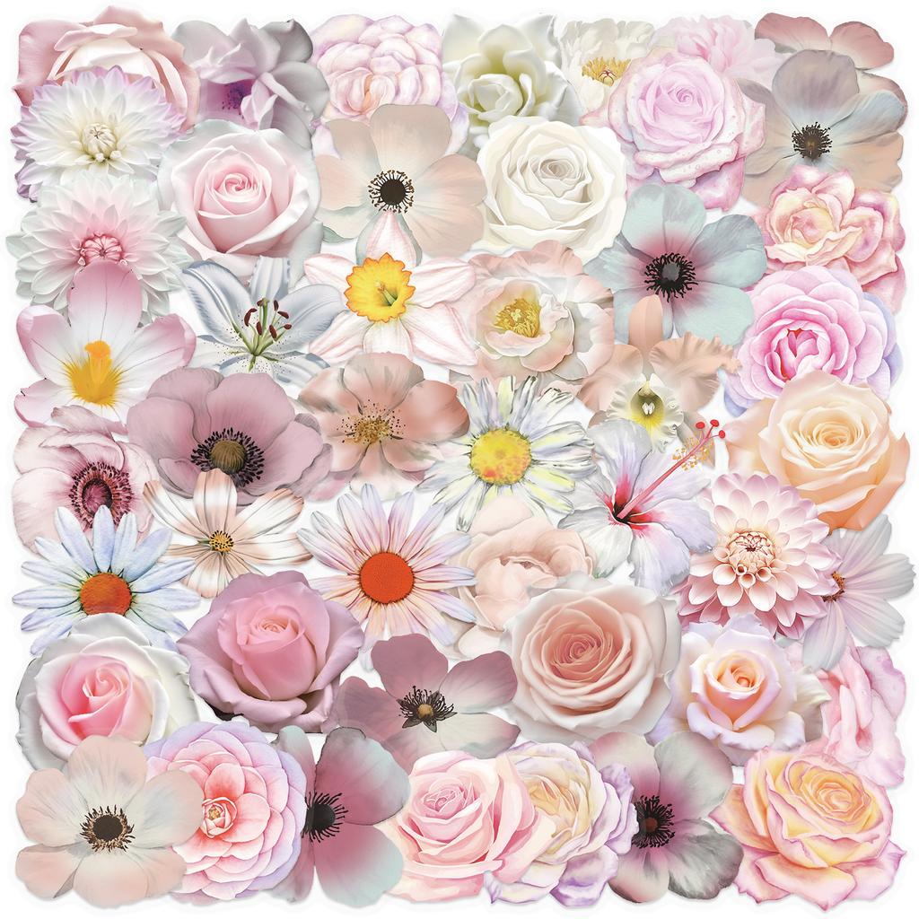 50 Transparent INS Pink Flower Stickers, Waterproof Transparent PET Handbook Material Decorative Guitar