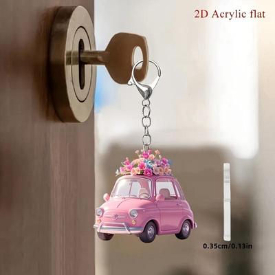 1pc, 2D Flat Fashion Pink Car with Flower Keychain for Backpack and Car Keys, Holiday Party Decorations, Perfect Gifts for Thanksgiving