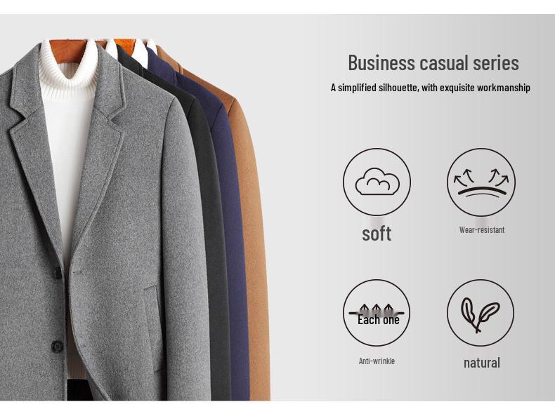 Men's Mid-Length Wool Overcoat with Cotton Padding and Suit Collar - Casual Plus Size