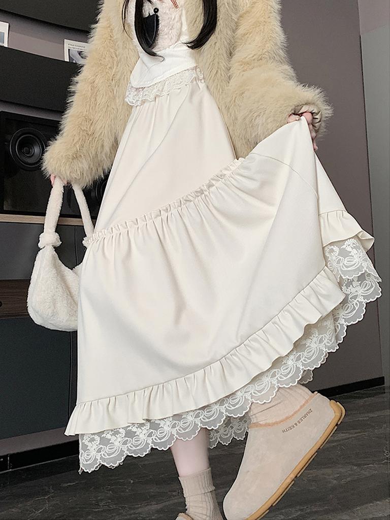 Lace Spliced Midi Skirts for Women High Waist Sweet Vintage A-line Cake Skirt Fashion Clothing Spring Autumn