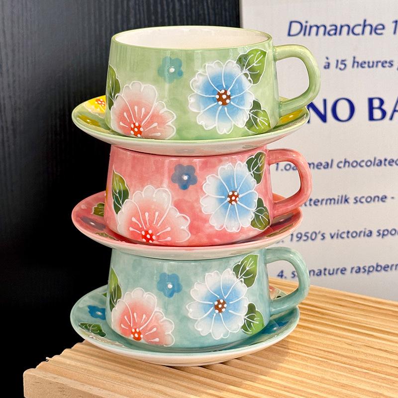 Girls High-Value Flower Mug Office Ceramic Coffee Cup Underglaze Color Afternoon Tea Coffee Cup Saucer Set