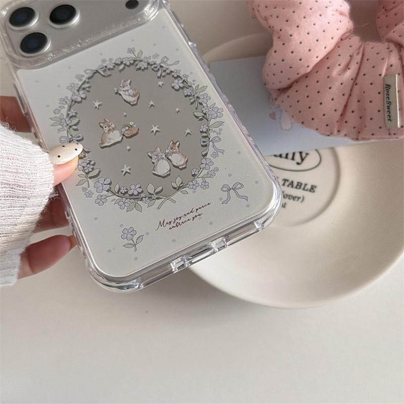New 2026 Mirror Surface Purple Floral Bunny Phone Case For iPhone 17 Pro 16 15 14 17 Pro Max Glitter Shockproof Cover Girl