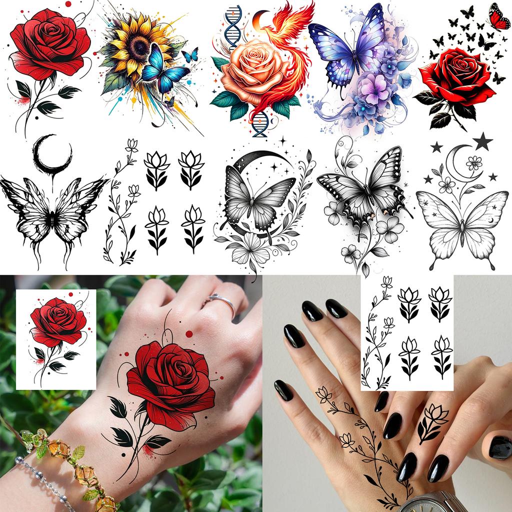 1 Sheet Rose Butterfly Flower Temporary Tattoos For Women Hand Arm, Fake Tattoo Sticker Waterproof Long Lasting Realistic Tatoos