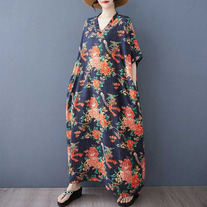 Vestido de Algodón Lino de Verano Color Viaje Cuello en V Retro Falda Larga