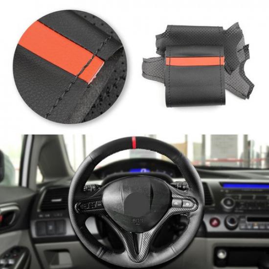 Black Hand Sewing Wrap Leather Steering Wheel For Honda Civic 8th MK8 2005-2011