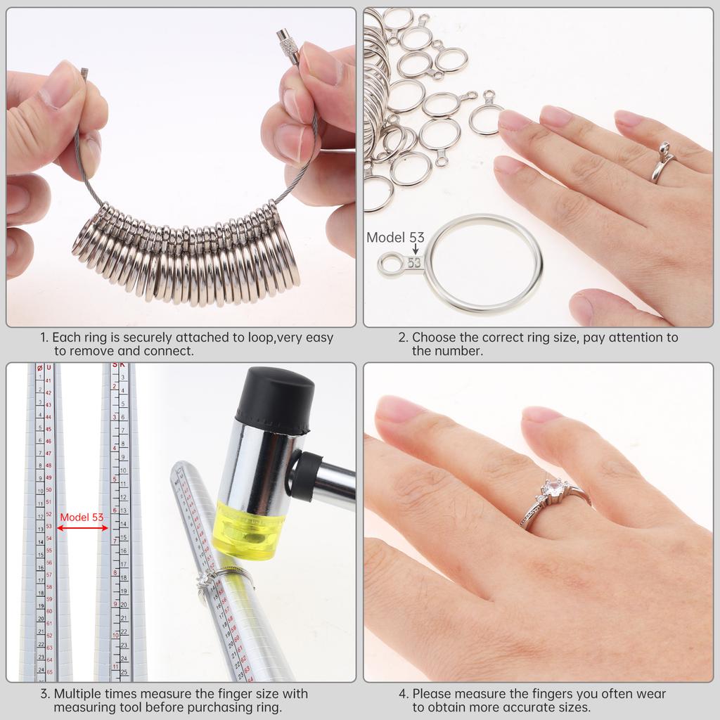 5 Pcs Professional Jewel Making Kit: Solid Wood Jewel Stick Mandrel, 4-Yard Sizing Band, 3-Size Circle Jewel w/Rubber Hammer & Finger Sizers