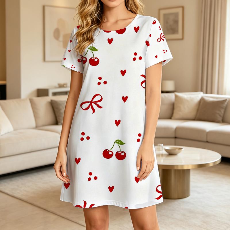 Women Short Sleeve Sleep Dress, Round Neck, Cute Red Cherry, Heart And Bow All Over Print, Lightweight Comfort Home Loungewear