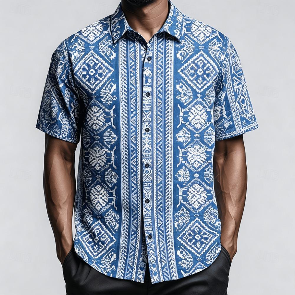 

Men s Blue White Ethnic Tribal Print Short Sleeve Shirt, Vintage Boho Button Up Shirt for Spring S