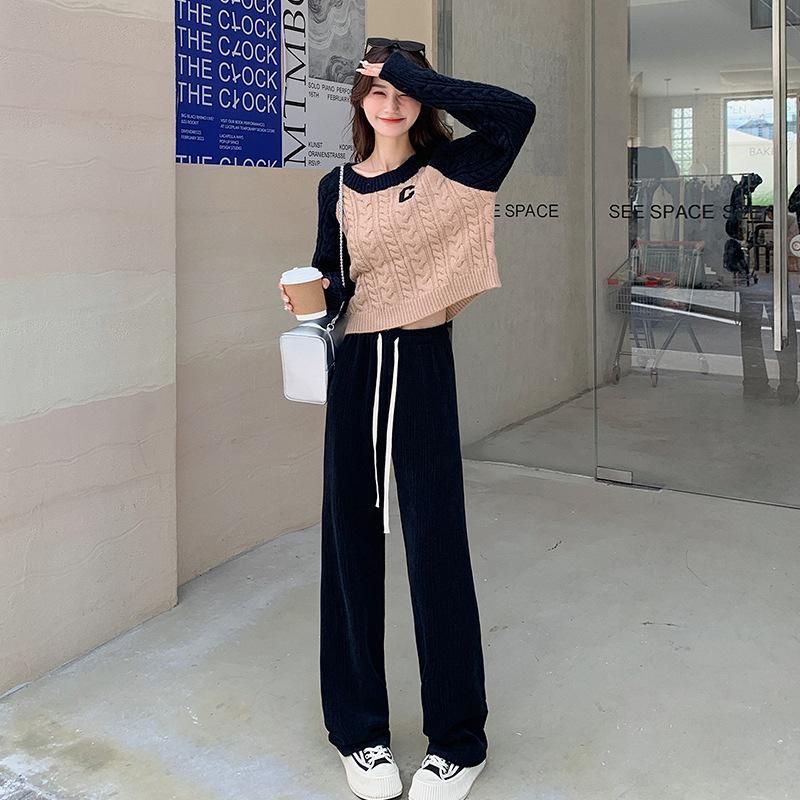 

Wide-leg pants women s autumn new thin drape pleated popular strip straight small mopping casual trousers XL чёрный