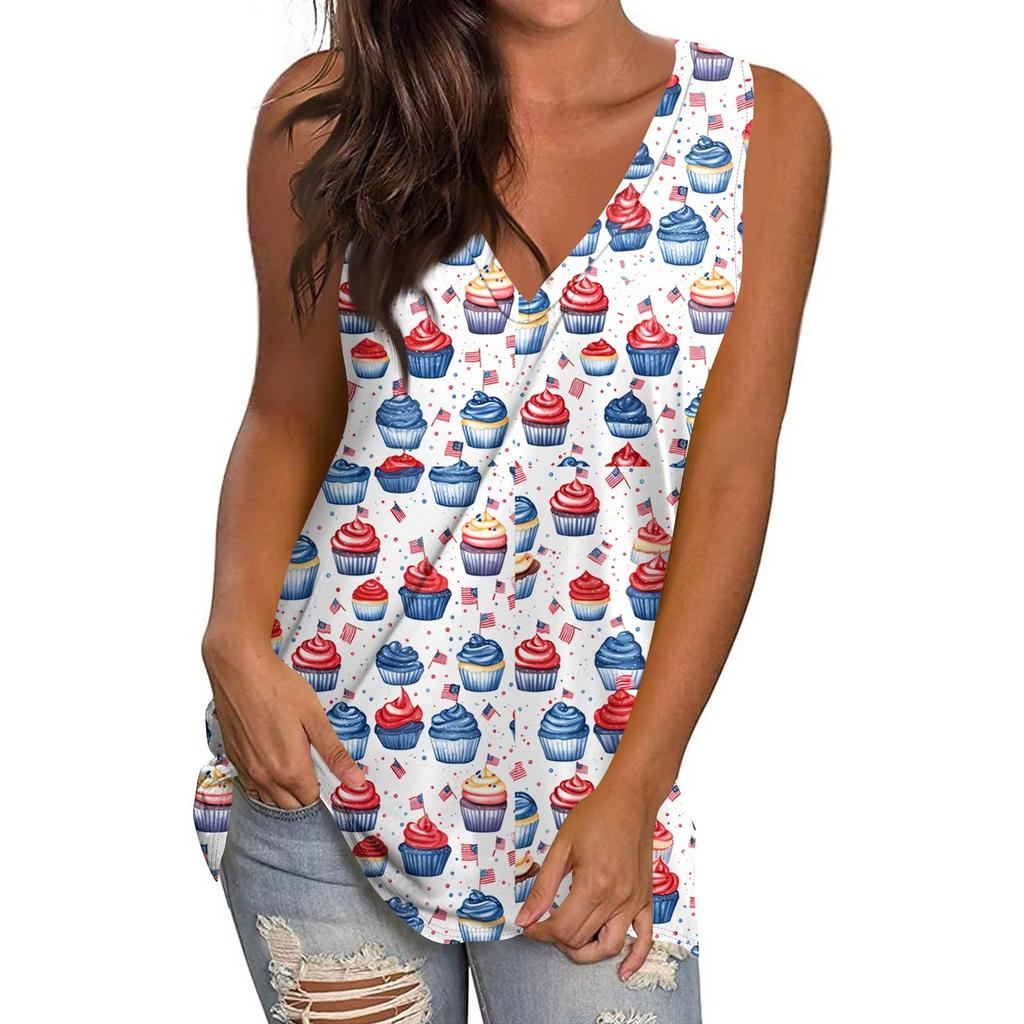Women's Casual Fashion V-Neck Sleeveless Pullover Top Independence Day Printed Vest T-Shirt