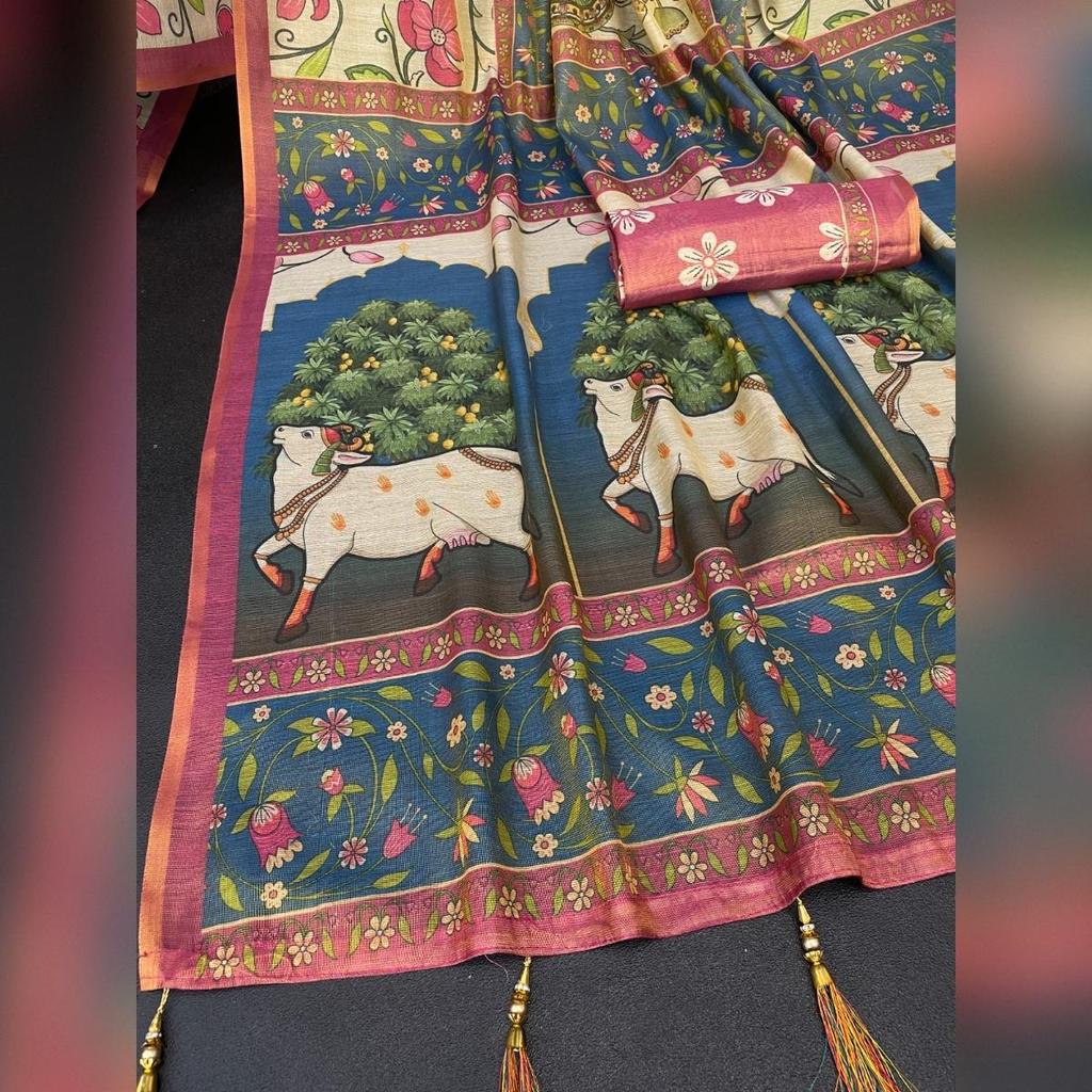 Soft premium handloom fabric Digital Print With  Rich Pallu With Lace Border On Saree