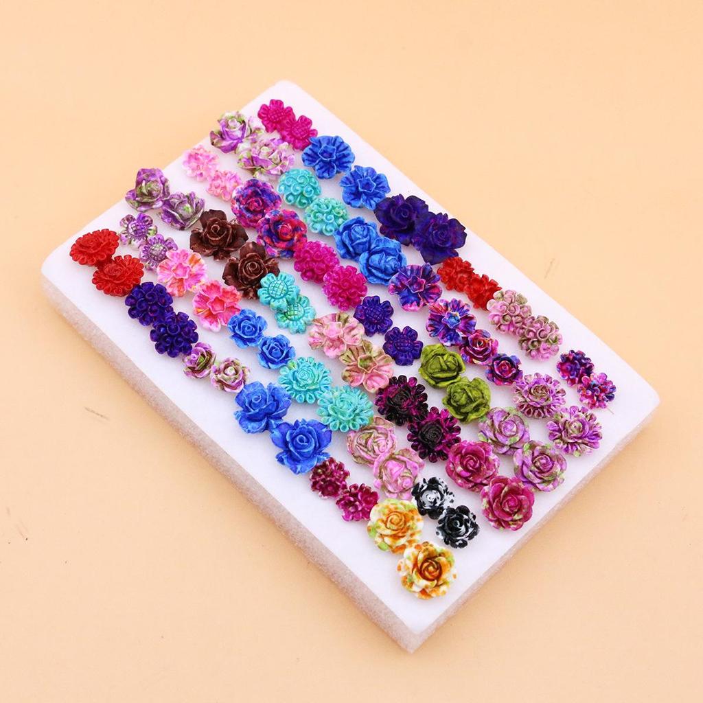 Gift Box: 36 Pairs of Mixed Style Spray Paint Resin Flower Stud Earrings with Bowknot