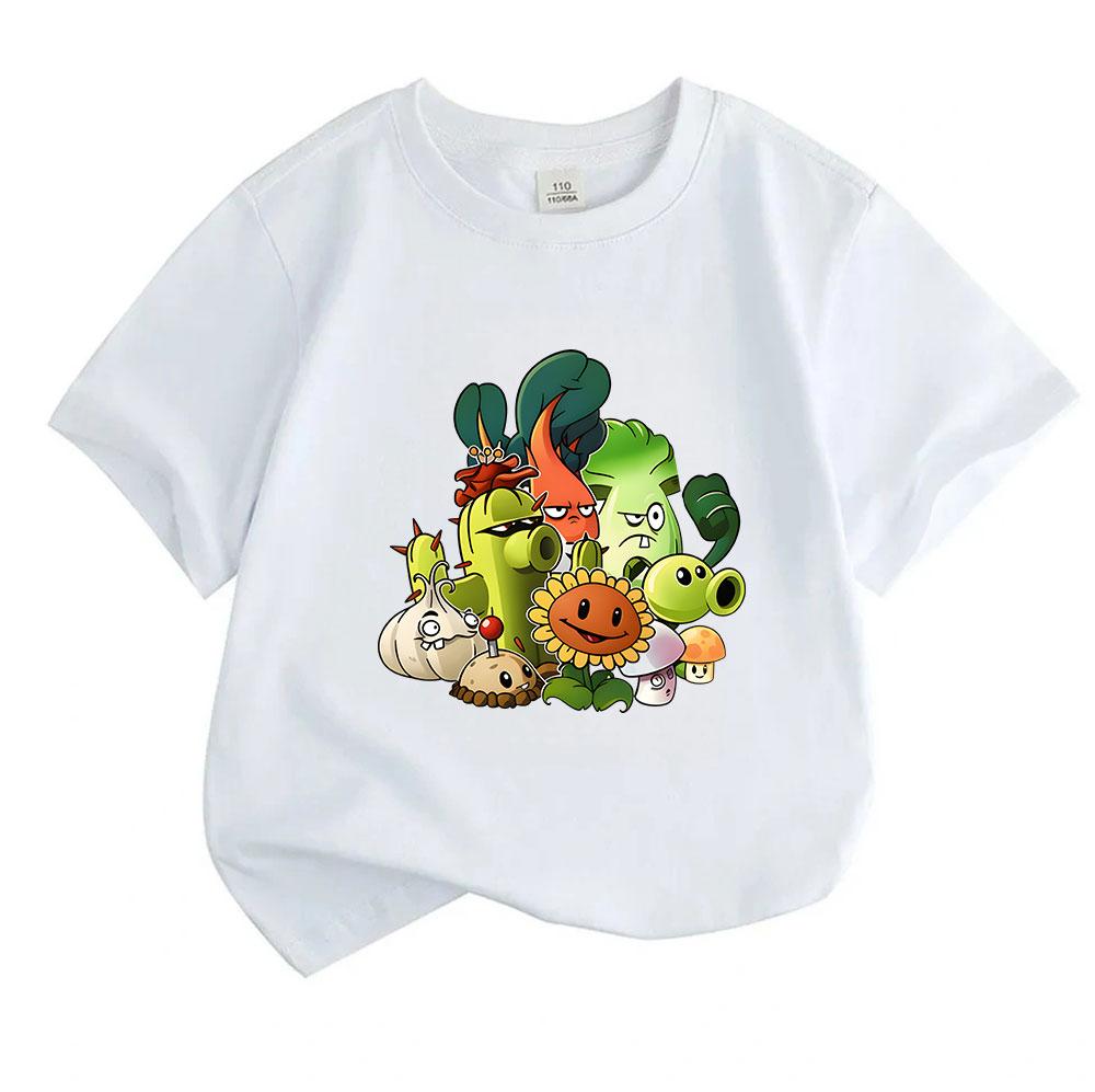 Kids Boys Girls 100% Cotton Crew Neck Short Sleeve T-Shirt Cute Game Plant Character Printed Casual Soft Breathable Tee for Children Daily Wear