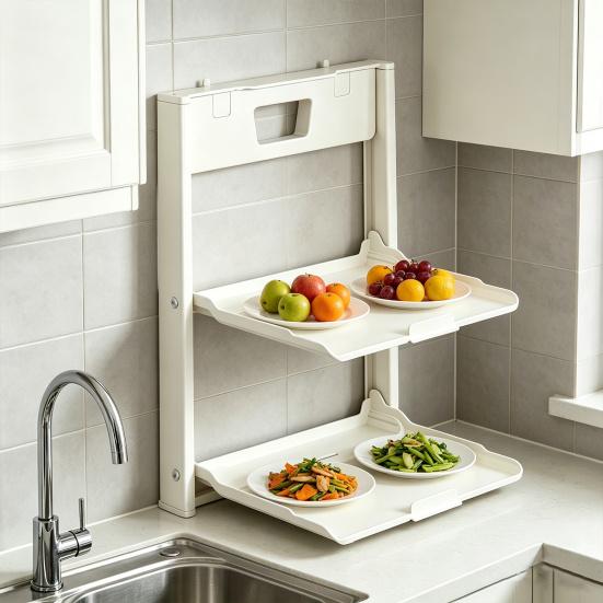 Kitchen Storage Rack Wall Mounted with Suction Cup Organizer Foldable Serving Platter Countertop Shelf for Bowls Plates