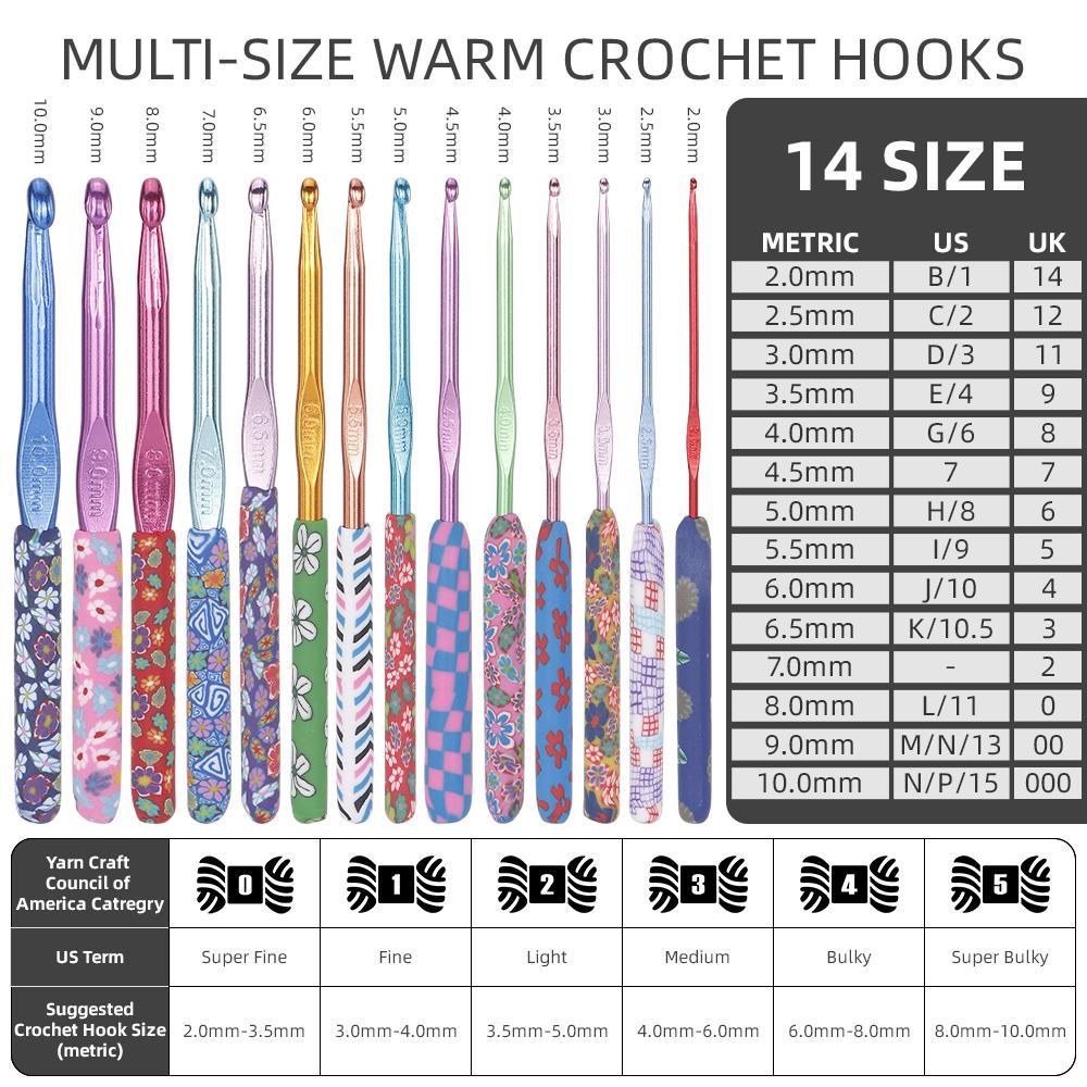 14pc Printed Color Crochet Tool Set, Soft Handle Knitting Needle Kit, Professional Weaving Yarns Craftwork Tool, 2.0mm-10.0mm
