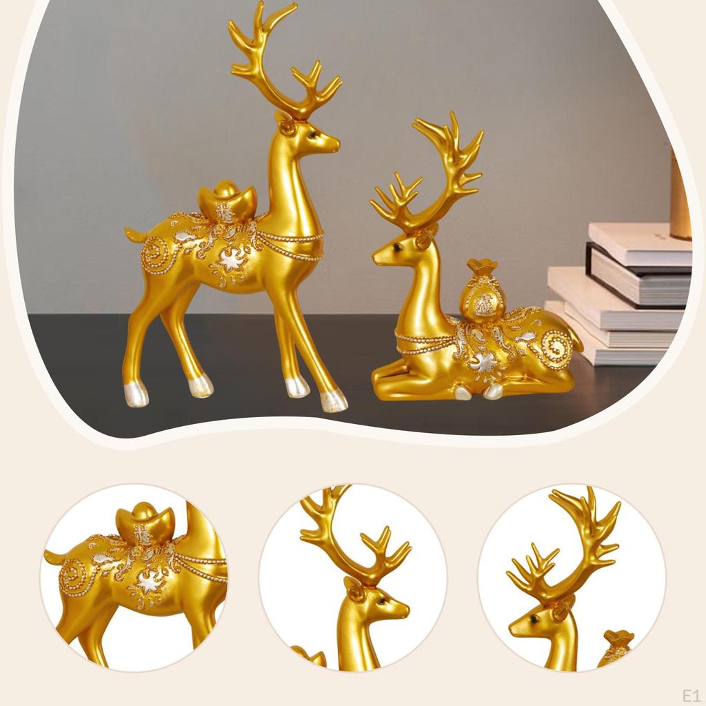 2 Pieces Deer Figurines Desktop Decoration Home Decor Artwork Delicate Animal Sculpture Golden Resin