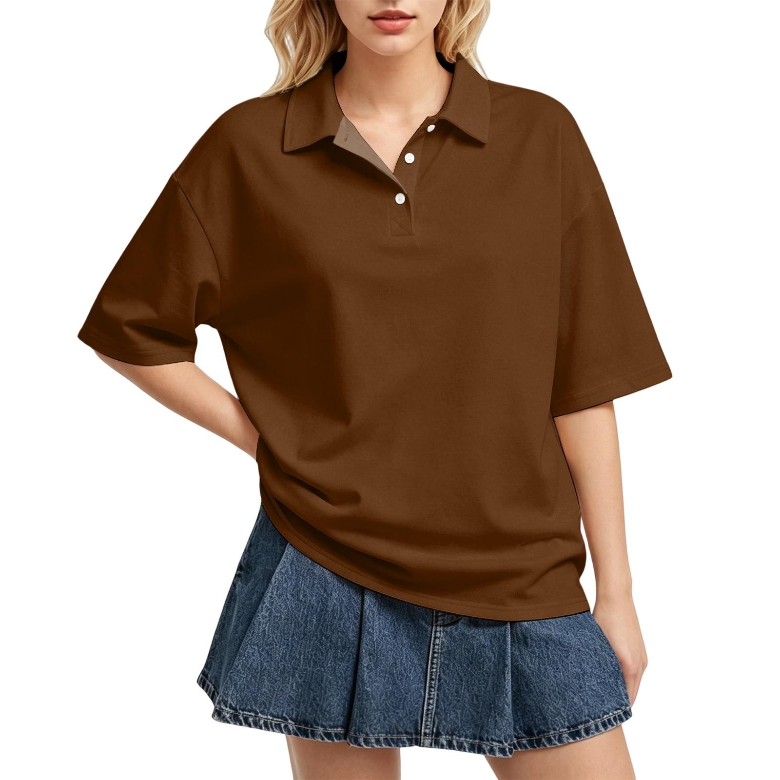Womens Fashion Loose Fit Polo Collar Top Relaxed Long Sleeve Blouse with Decorative Buttons and S кофейный