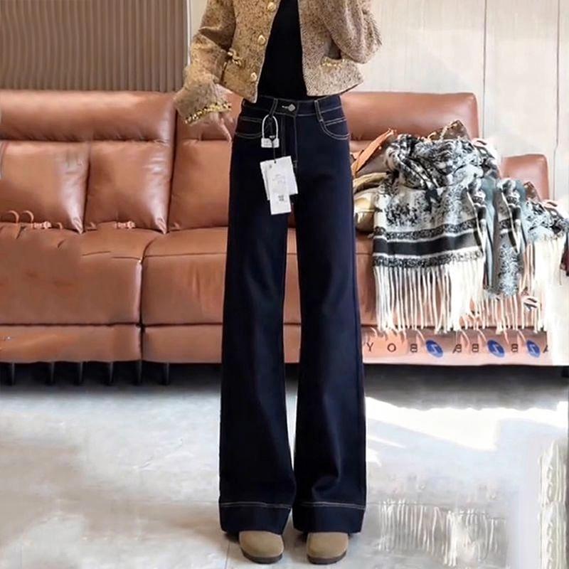 2025 Petite Women's Slimming High-Waisted Micro-Flare Velvet Jeans In Deep Blue for Autumn/Winter