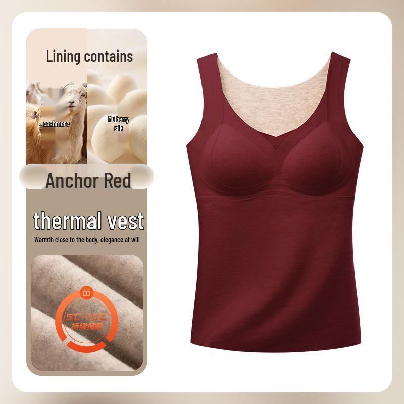 Women's Seamless Cashmere Silk Fleece Vest with Built-in Bra for Autumn and Winter