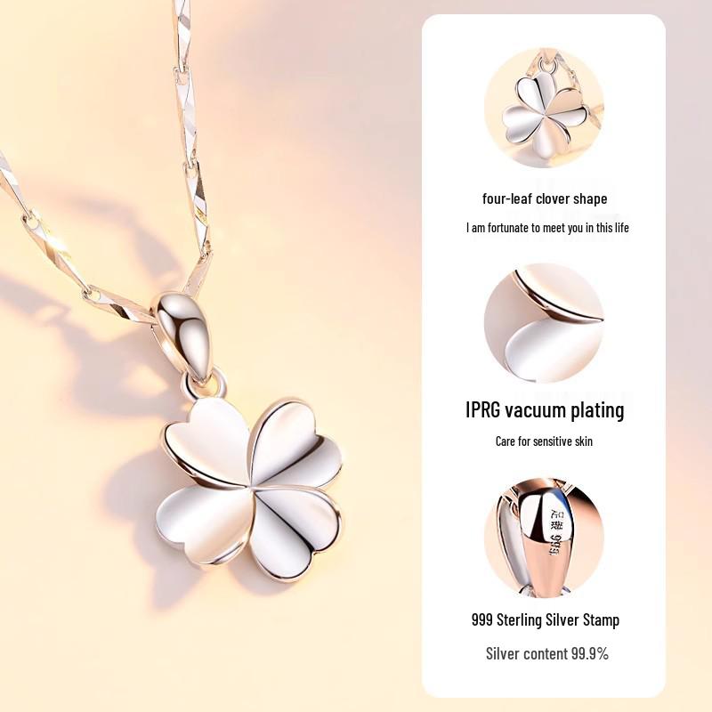 Sterling Silver Four-Leaf Clover Necklace for Women - Elegant Clavicle Chain Pendant, Perfect Valentine's Day Gift.