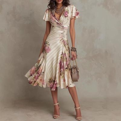 Women's Floral Print V Neck Short Sleeve Ruched Waist A Line Midi Dress