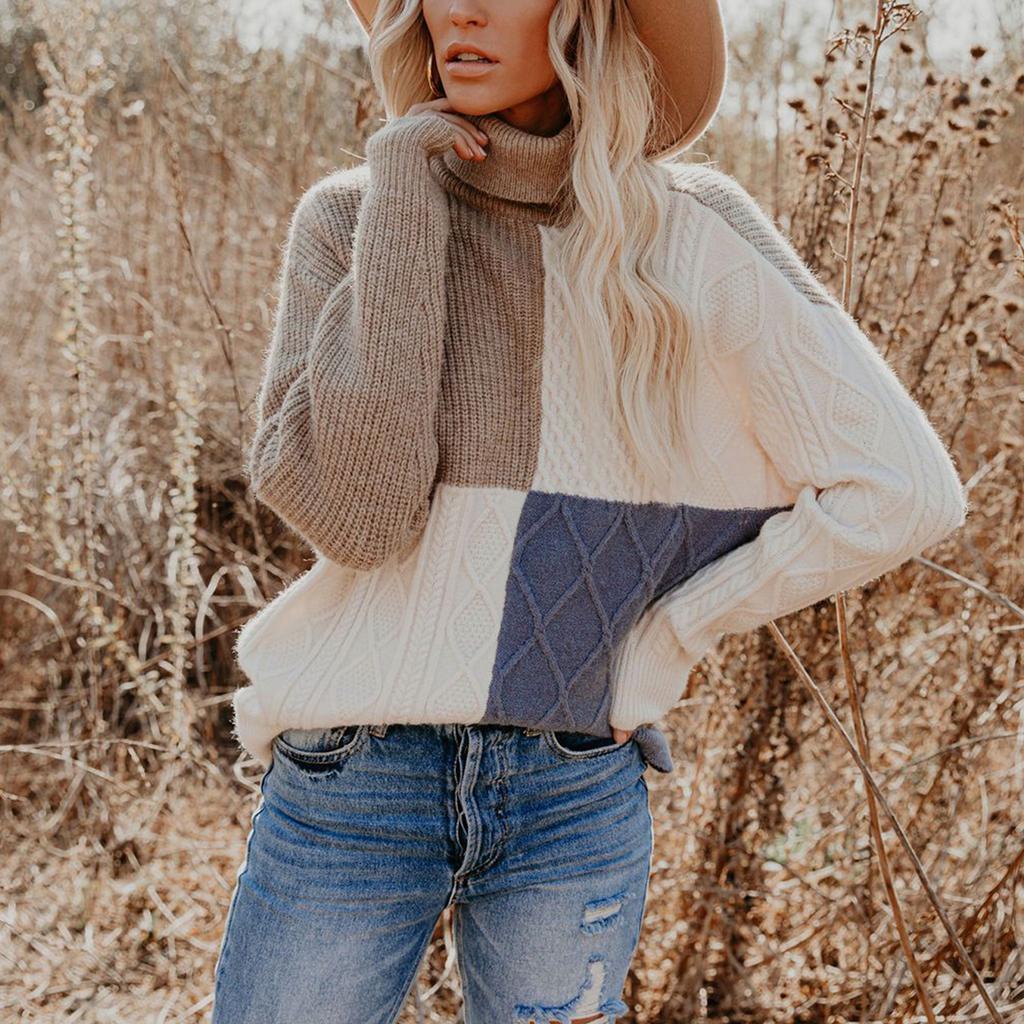 Damen Colorblock Rollkragen Hoher Kragen Langarm Lockerer Saum Gestrickter Damen Rollkragenpullover für
