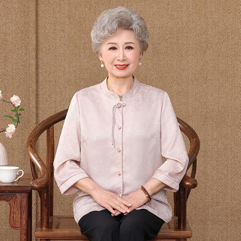 

Spring & Summer Chinese Style Stand Collar Shirt for Middle-Aged & Elderly Women - Three-Quarter Sleeves, Loose Fit, Elegant Grandma Style L [Under 100 lbs]