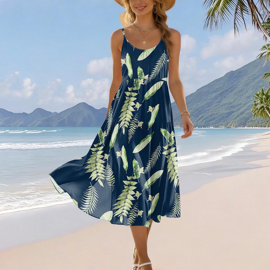 Women’s Summer Floral Print Adjustable Strap Bohemian Casual Beach Holiday Sundress with Pockets Loose Fit Sleeveless Dress