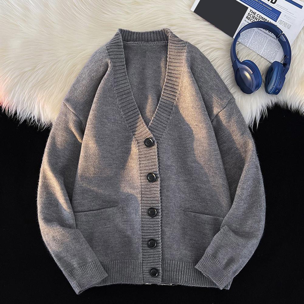 Fall Winter Men Sweater Cardigan V Neck Knit Thick Elastic Long Sleeves Slim Fit Warm Solid Color Bottoming Knitwear Daily Wear