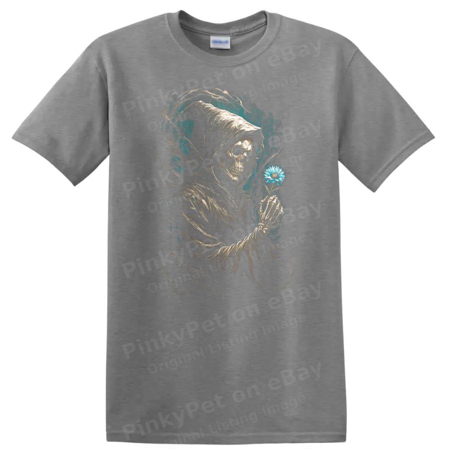 Grim Reaper Holding Flower Graphic T Shirt Dark Art Skull Design Tee