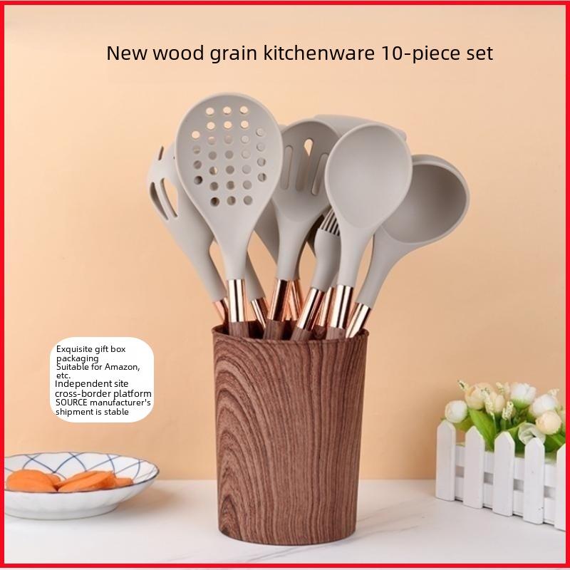 Set de Utensilios de Cocina de Silicona con Grano de Madera de 11 Piezas - Utensilios de Cocina Antiadherentes y Resistentes al Calor