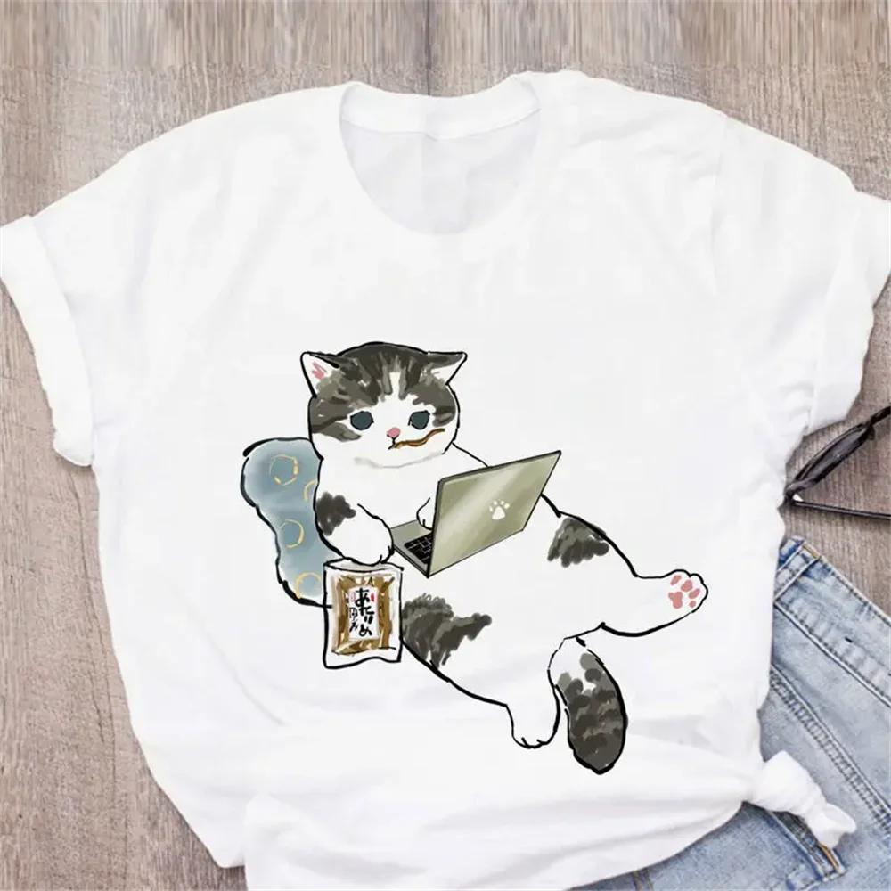 Pattern Printed Fashion Aesthetic Tops Tee Casual Cute Cat Funny Cartoon Womens Harajuku Short Sleeve Casual Aesthetic Clothes