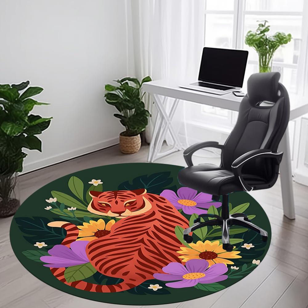 1pc Tiger Flowers Office Round Area Rug, Mat Suitable For Office, Under Office Chairs Bedroom Living Room Home Decor, Room Deco