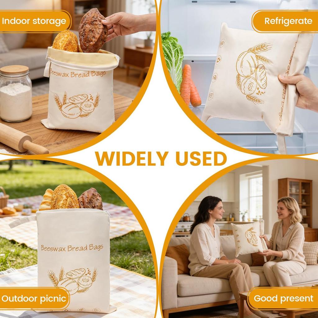 2 Peças Saco de Pão de Cera de Abelha com Zíper em L Grande Capacidade Reutilizável para Pão de Fermentação Natural Queijo para Padeiro Casa Agricultor 16,5x13 Polegadas